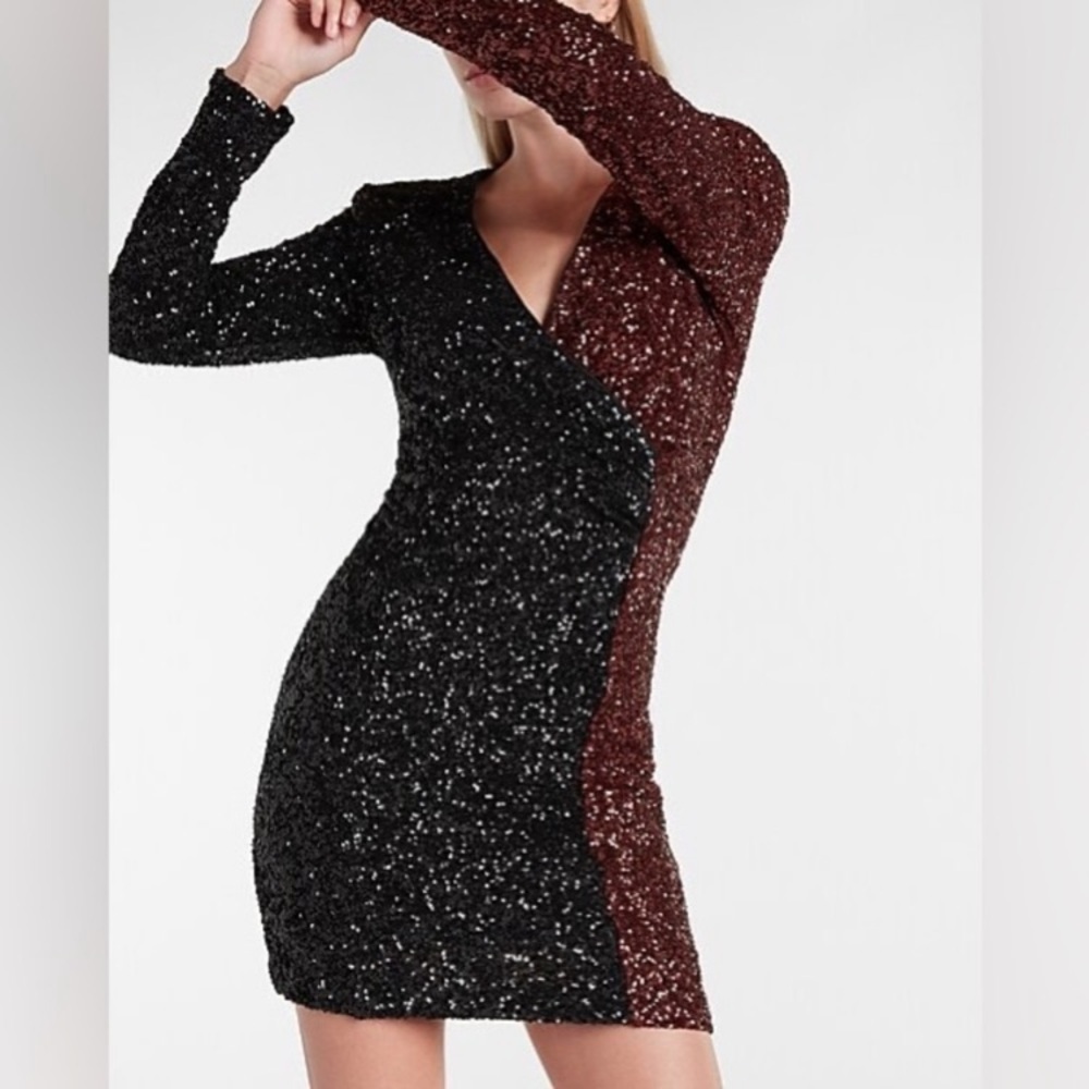 NWT Express Sequin Color Block Faux Wrap Mini Dress Espresso Black - Picture 3 of 15